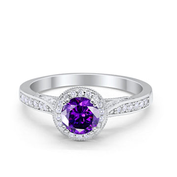 Halo Art Deco Engagement Ring Round Simulated Amethyst CZ 925 Sterling Silver